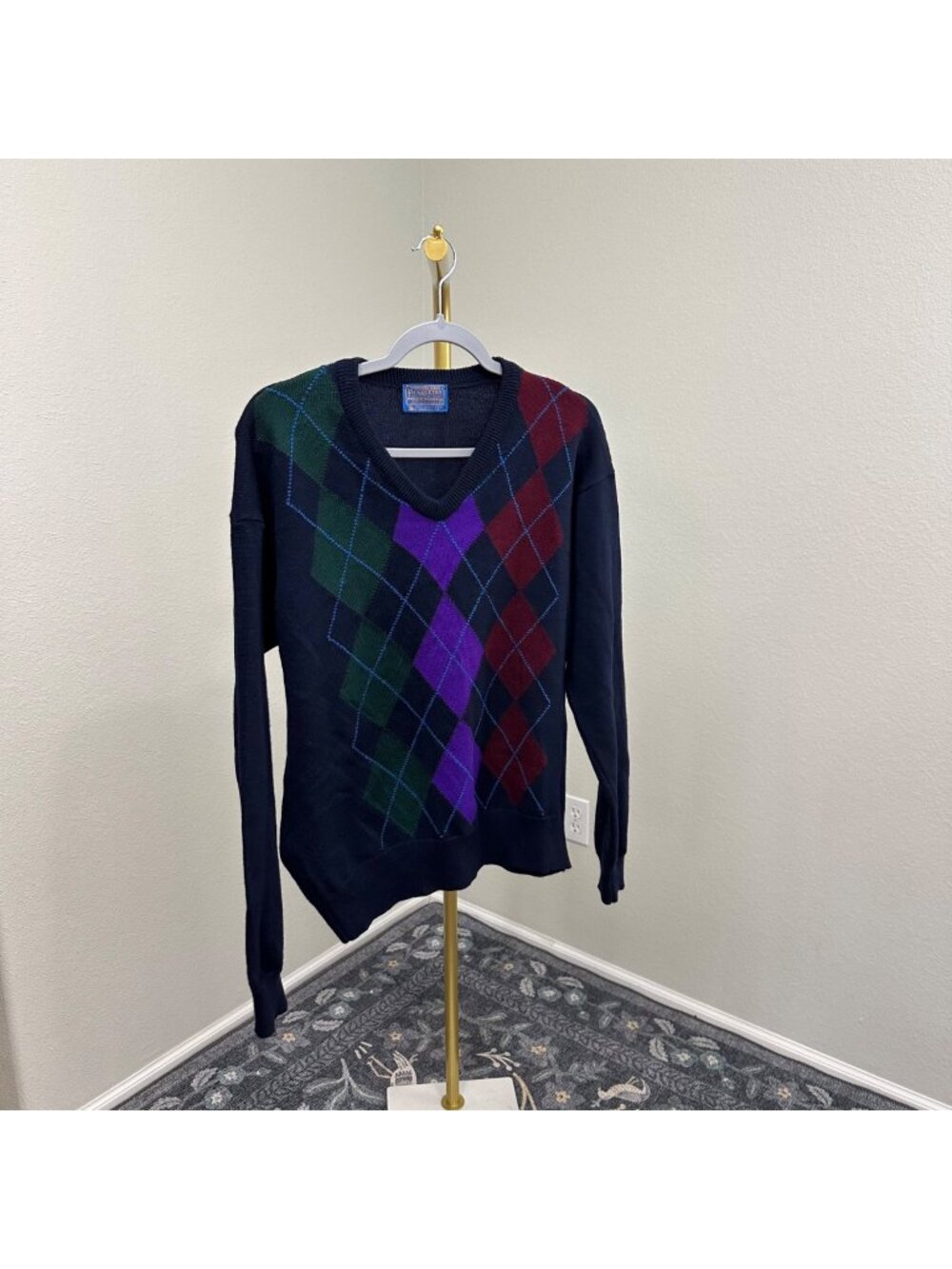Vintage Pendleton Wool Argyle Diamond Print V neck Pull Over Sweater Mens Large